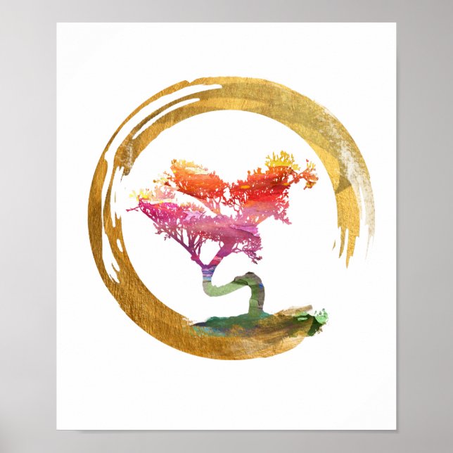 Póster Bonsai Tree. Zen Enso Circle. Arte de Aquarela (Frente)