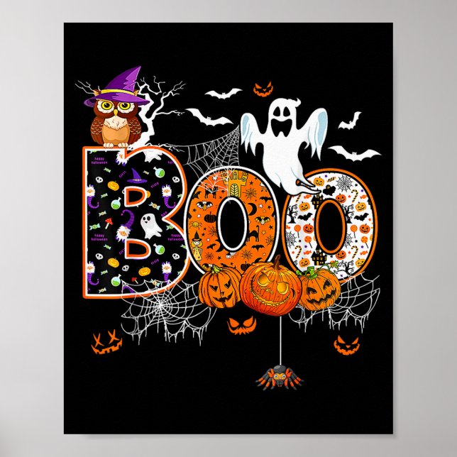 Poster Boo Creepy Owl Pumpkin Ghost Halloween Men Women K (Frente)