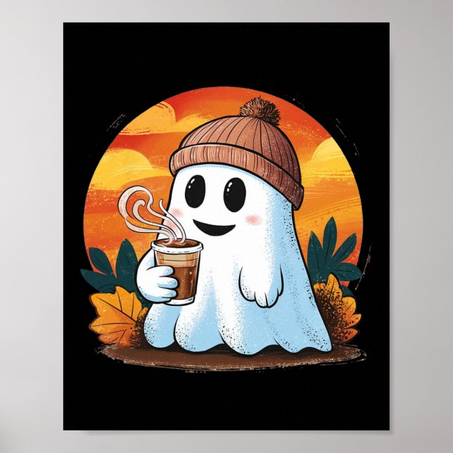 Poster Boo Ghost Bebendo Café Halloween Mulher (Frente)