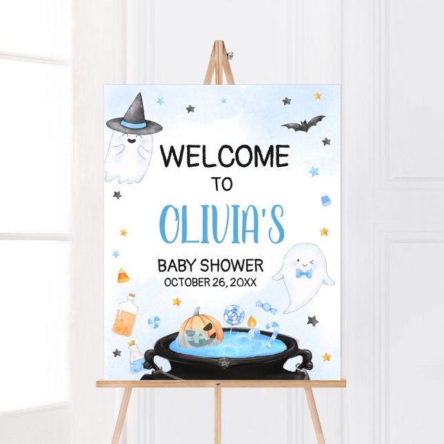 Poster Boo-y Halloween Chá de fraldas bem-vindo (Blue Oh Sheet Baby Shower Welcome Sign)