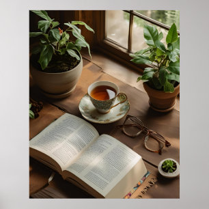 Poster Books & Tea Club Estética Cozy para Livros Amant