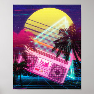 Poster Boombox cor-de-rosa Funky dos anos 80 com palmeira