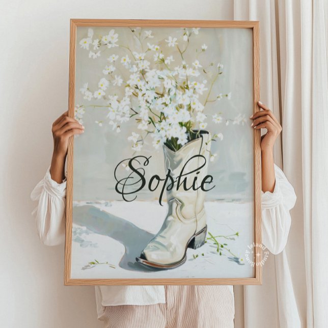 Poster Boot de Cowgirl de Nome Personalizado com Pintura  (Custom Name Cowgirl Boot With Flowers Painting Poster)