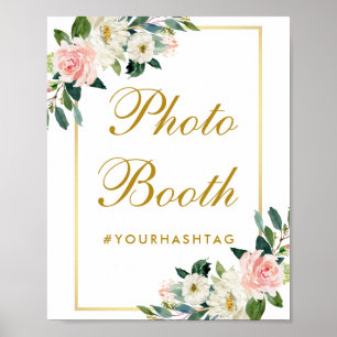 Poster Booth Fotográfico Dourado de Casamento Rosa Floral