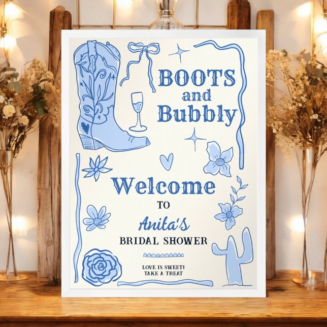 Poster Boots and Bubble Western Chá de panela Welcome (Boots and Bubbly Western Bridal Shower Welcome Poster)
