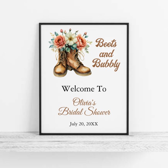Poster Boots & Bubbly Chá de Noiva Rústico Bem-Vindo (Rustic Boots & Bubbly Bridal Shower Welcome Sign   )