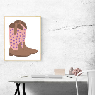 Poster Boots do Cowboy Estrelas Púrpura Rosa-Marrom