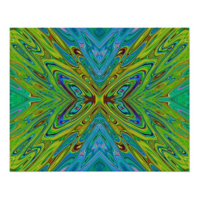 Póster Borboleta Abstrata Chartreuse e Azul Trippy (Frente)