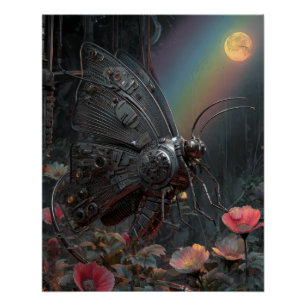 Póster Borboleta Arco-Íris Chuvoso Floral Fantasia Escura