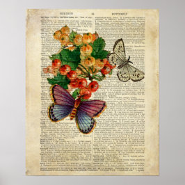 Poster Borboleta Azul com Flores Vermelhas Arte de Vintag