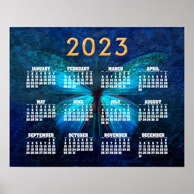 Poster Borboleta Azul de Alegria e Sorte Calendário 2023 (Frente)