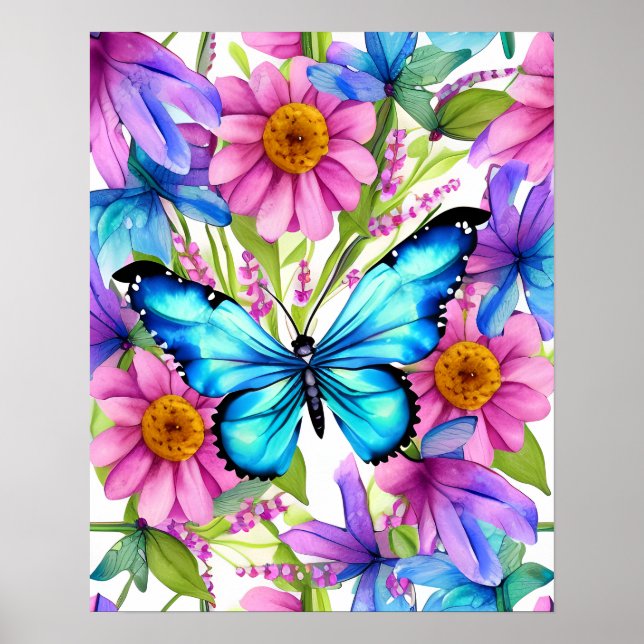 Poster Borboleta Azul em Campo de Flores (Frente)
