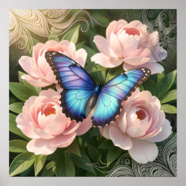 Poster Borboleta Azul Morpho Arte Botânica Floral Poste