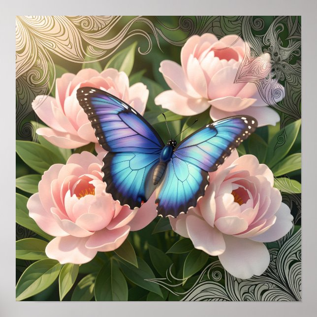 Poster Borboleta Azul Morpho Arte Botânica Floral Poste (Frente)