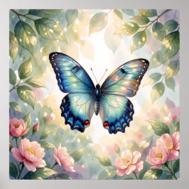 Poster Borboleta Azul Morpho Floral Botânica Aquarela