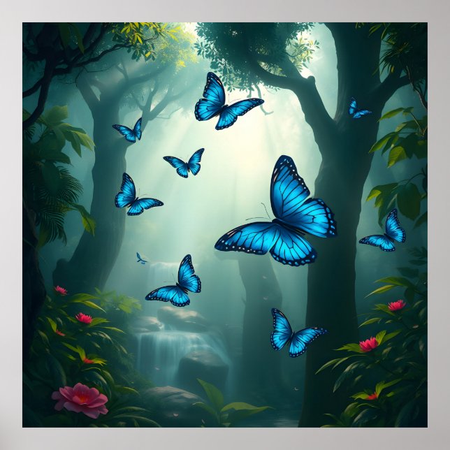 Poster Borboleta Azul Morpho na Floresta Tropical (Frente)