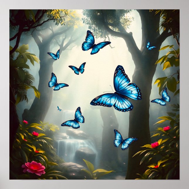 Poster Borboleta Azul Morpho na Floresta Tropical (Frente)