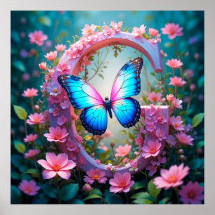 Poster Borboleta Azul Vibrante em Carta Decorada com Flor