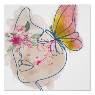 Póster Borboleta Bloom - Abstrato Floral Face Art"
