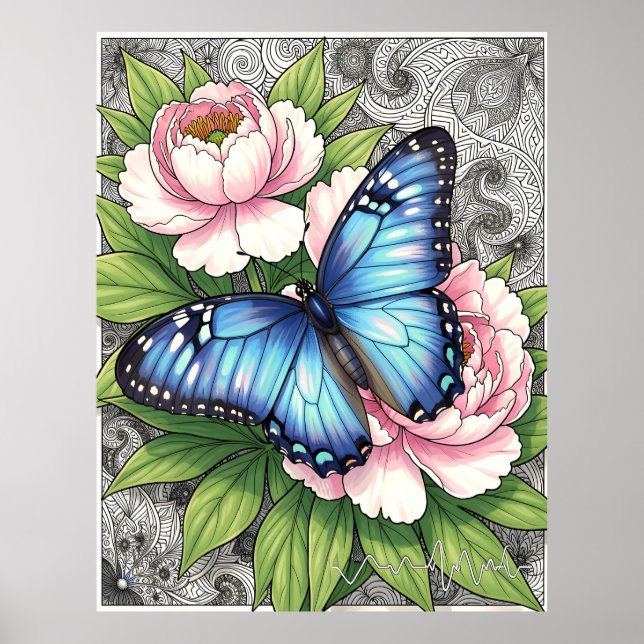 Poster  Borboleta Blue Morpho Arte Floral Botânica  (Frente)