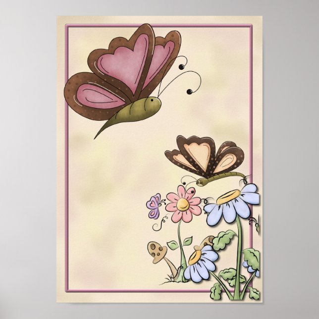 Póster Borboleta bonito com Flores Rosa e Azul (Frente)