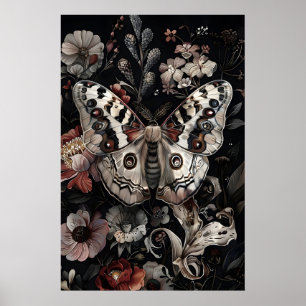Poster Borboleta branca em jardim de flores escuras, mari