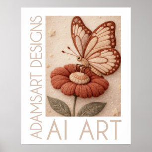 Poster Borboleta Caprichosa na Flor Arte em Feltro Vintag