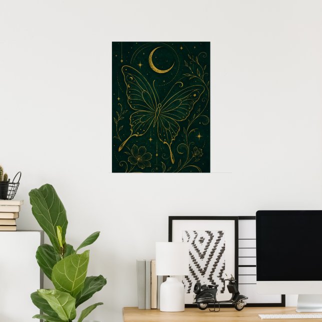 Poster Borboleta Celestial Gótica e Lua Crescente Mística (Escritório em casa)