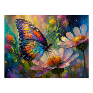 Póster Borboleta Colorida e Flores Silvestres ao Nascer d