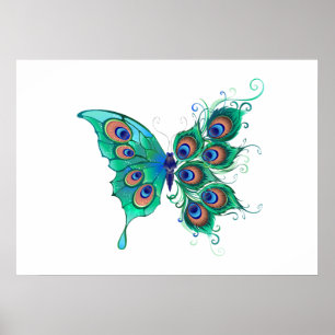 Poster Borboleta com Penas de Pavão Verde