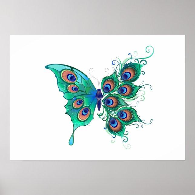 Poster Borboleta com Penas de Pavão Verde (Frente)