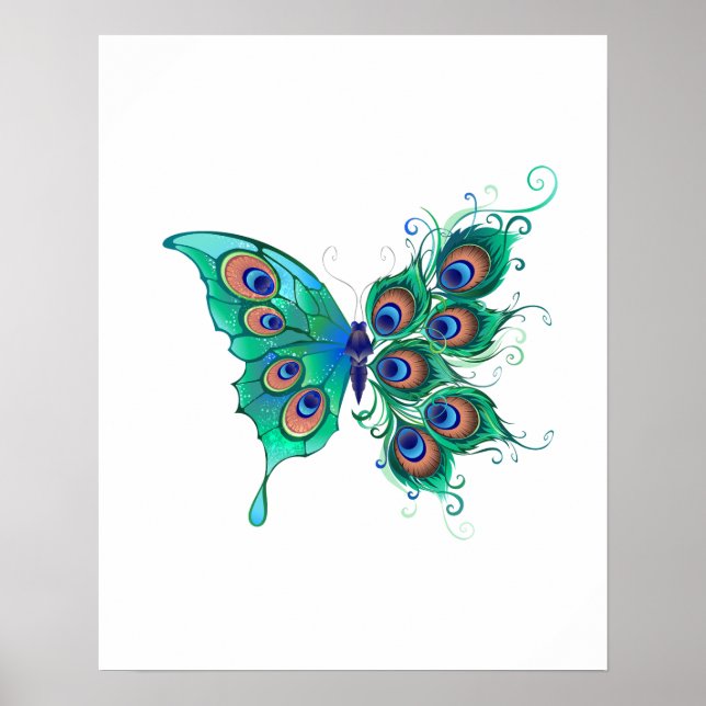 Poster Borboleta com Penas de Pavão Verde (Frente)