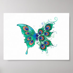 Poster Borboleta com Penas de Pavão Verde