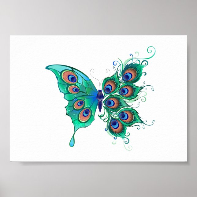 Poster Borboleta com Penas de Pavão Verde (Frente)