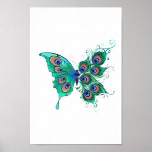 Poster Borboleta com Penas de Pavão Verde