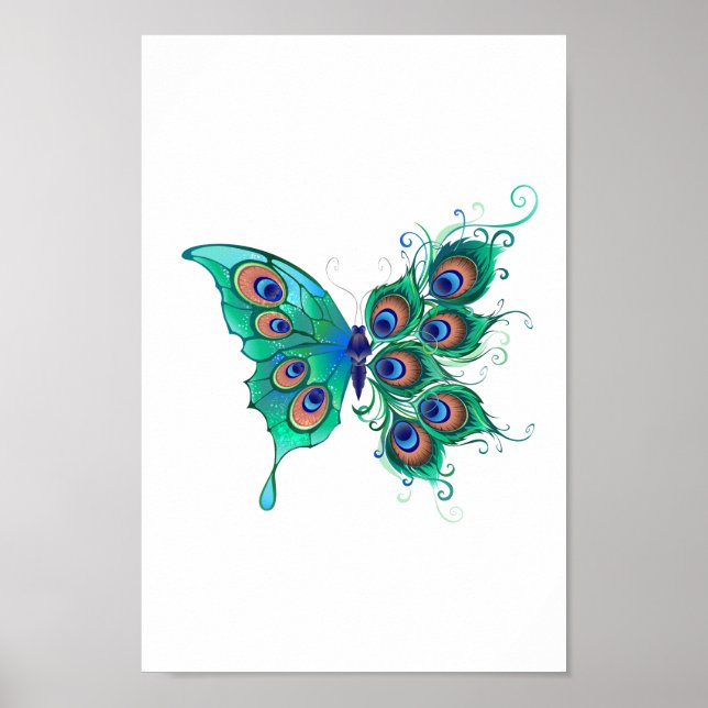 Poster Borboleta com Penas de Pavão Verde (Frente)