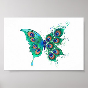 Poster Borboleta com Penas de Pavão Verde