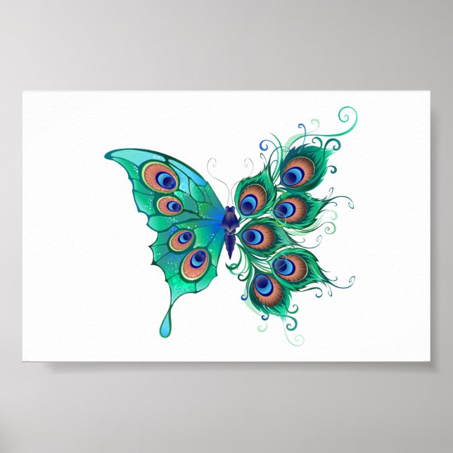 Poster Borboleta com Penas de Pavão Verde (Frente)