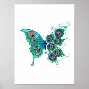 Poster Borboleta com Penas de Pavão Verde