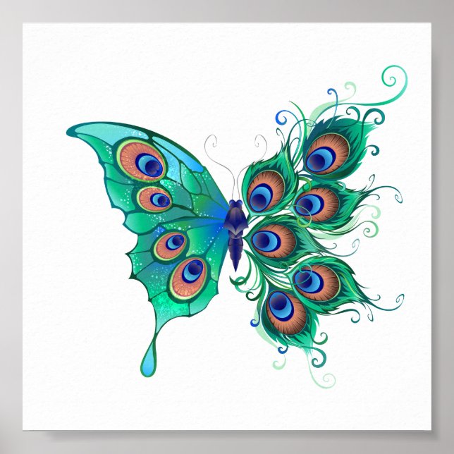 Poster Borboleta com Penas de Pavão Verde (Frente)