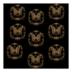 Póster Borboleta de Cristal Dourado Brilho Luxo Jóias Art