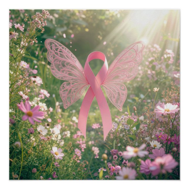 Póster Borboleta de Fita Rosa em um Jardim (Frente)