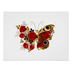 Póster Borboleta de flor vermelha com rosas vermelhas