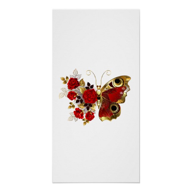 Póster Borboleta de flor vermelha com rosas vermelhas (Frente)