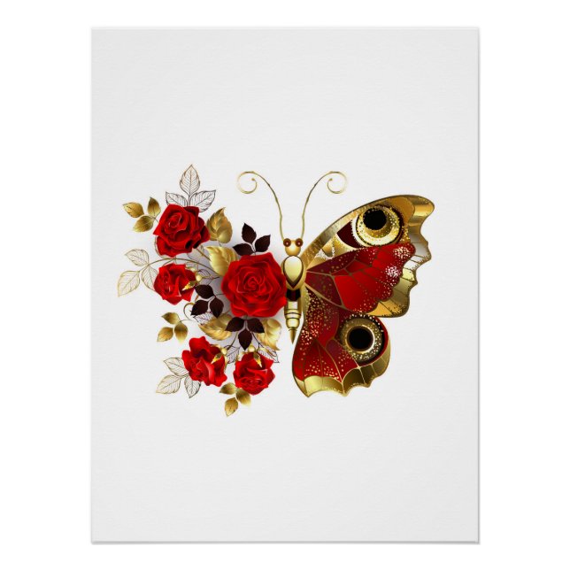 Póster Borboleta de flor vermelha com rosas vermelhas (Frente)