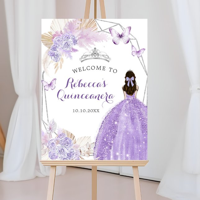 Poster Borboleta de Silver Purple Boho Quinceañera Bem-Vi (Criador carregado)