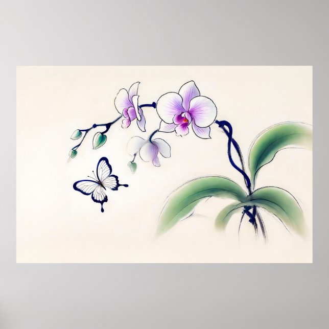 Poster Borboleta de Tinta Chinesa em Orquídea (Frente)