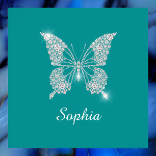 Poster Borboleta Diamante Branco, Nome Rascunho, Azul Tea