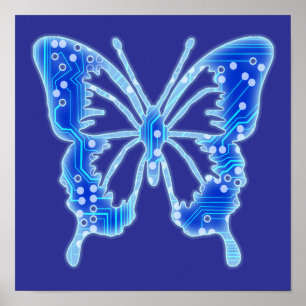 Poster Borboleta digital azul, personalizar fundo