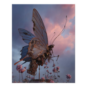 Póster Borboleta do Pôr do Sol Sonhador sobre Flores Cor-